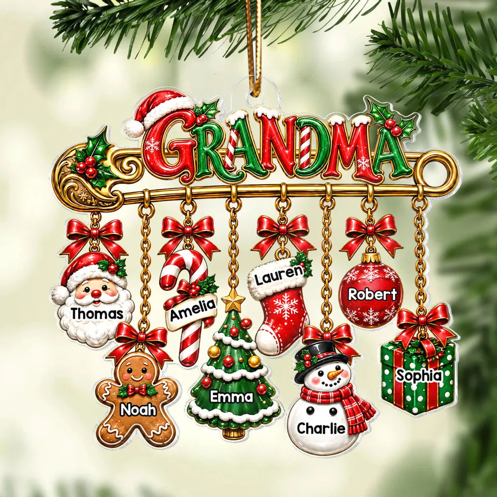 Personalized Acrylic Ornament, Grandma Safety Pin with Hanging Christmas Charms, Unique Gift for Grandma