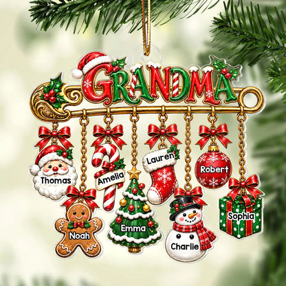 Personalized Acrylic Ornament, Grandma Safety Pin with Hanging Christmas Charms, Unique Gift for Grandma