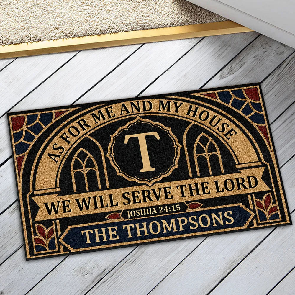 Personalized Standard Doormat, We Will Serve the Lord Bible Verse, Black and Gold Unique Housewarming Gift for Family