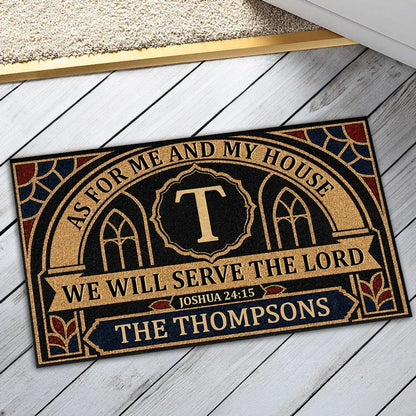 Personalized Standard Doormat, We Will Serve the Lord Bible Verse, Black and Gold Unique Housewarming Gift for Family