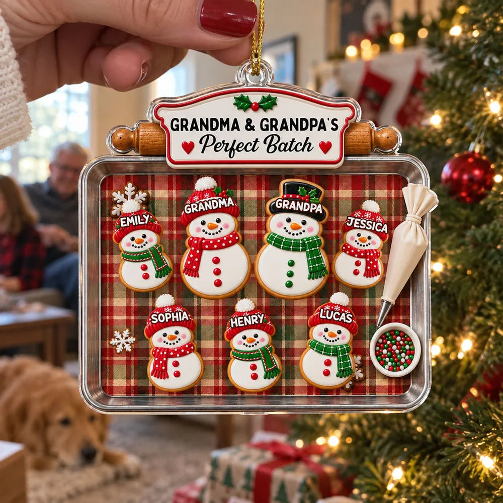 Personalized Acrylic Ornament, Snowman Cookie Family on Plaid Baking Tray, Unique Christmas Gift for Grandparents