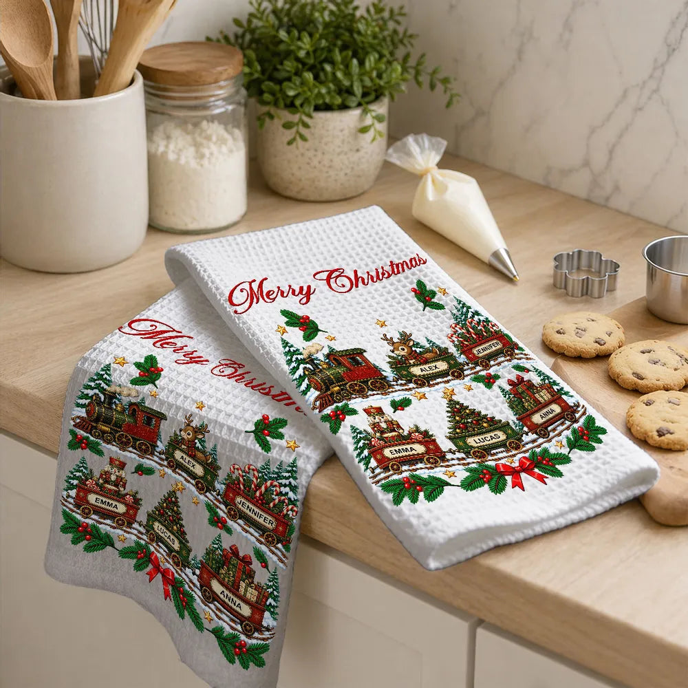 Personalized Christmas Kitchen Towel, Vintage Train in a Snowy Forest, Unique Gift for Family