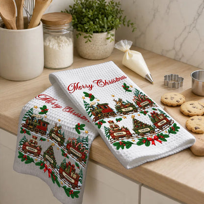 Personalized Christmas Kitchen Towel, Vintage Train in a Snowy Forest, Unique Gift for Family