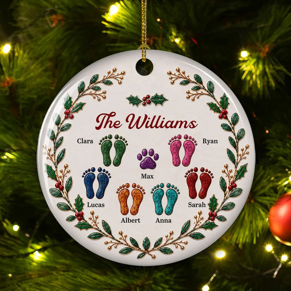 Personalized Ceramic Ornament with Family and Pet Footprints, Holly Wreath, Unique Christmas Gift for Family