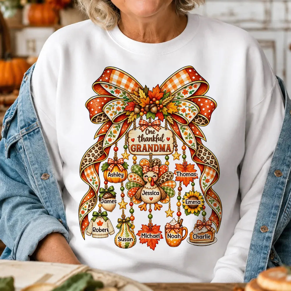 Personalized Thankful Grandma Classic Tee, Autumn Bow and Turkey Design, Unique Thanksgiving Gift for Grandma