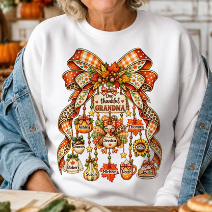 Personalized Thankful Grandma Classic Tee, Autumn Bow and Turkey Design, Unique Thanksgiving Gift for Grandma