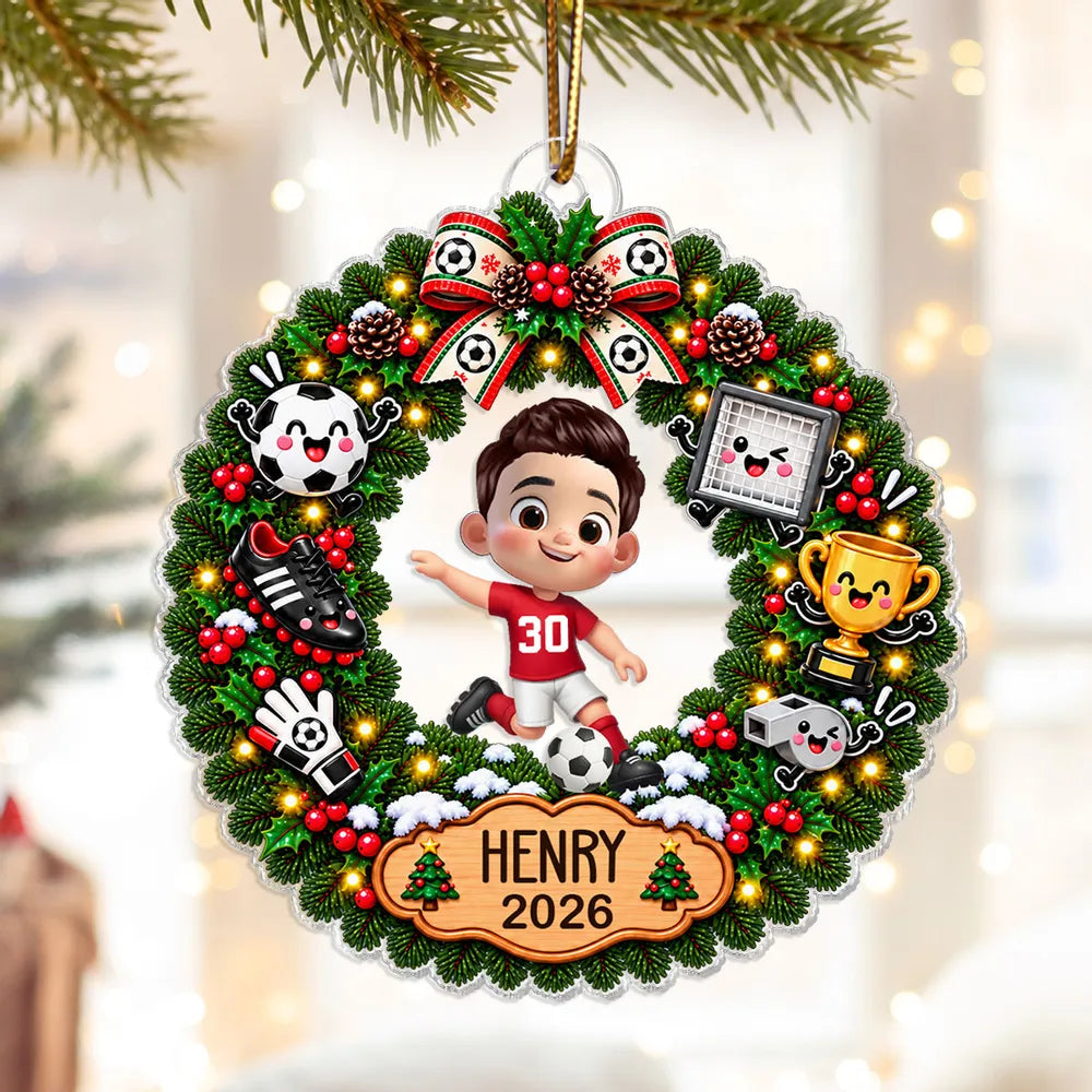 Personalized Acrylic Ornament, Festive Soccer Wreath with Running Player, Creative Gift for Players and Fans