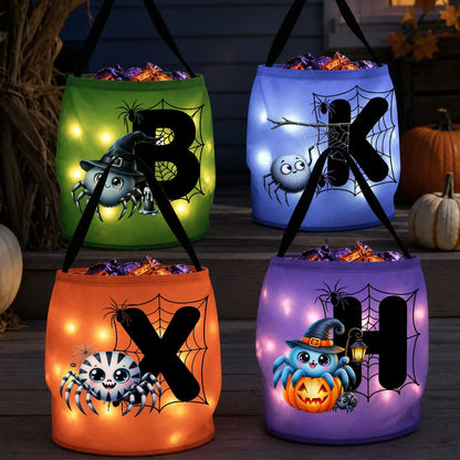 Personalized LED Light Up Fabric Basket, Cute Witch Spider and Web Halloween Design, Unique Gift for Kids