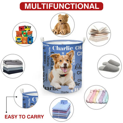 Personalized Round Waterproof Storage Basket, Waving Dog Portrait Organizer, Unique Gift for Pet Owners