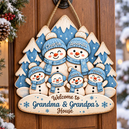 Personalized Wooden Sign, Waving Snowman Family in Blue Winter Forest, Unique Christmas Gift for Grandparents