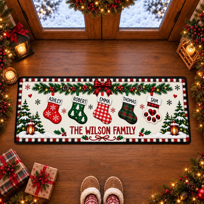 Personalized Premium Doormat with Plaid Christmas Stockings, Festive Entryway Decor, Unique Family Gift