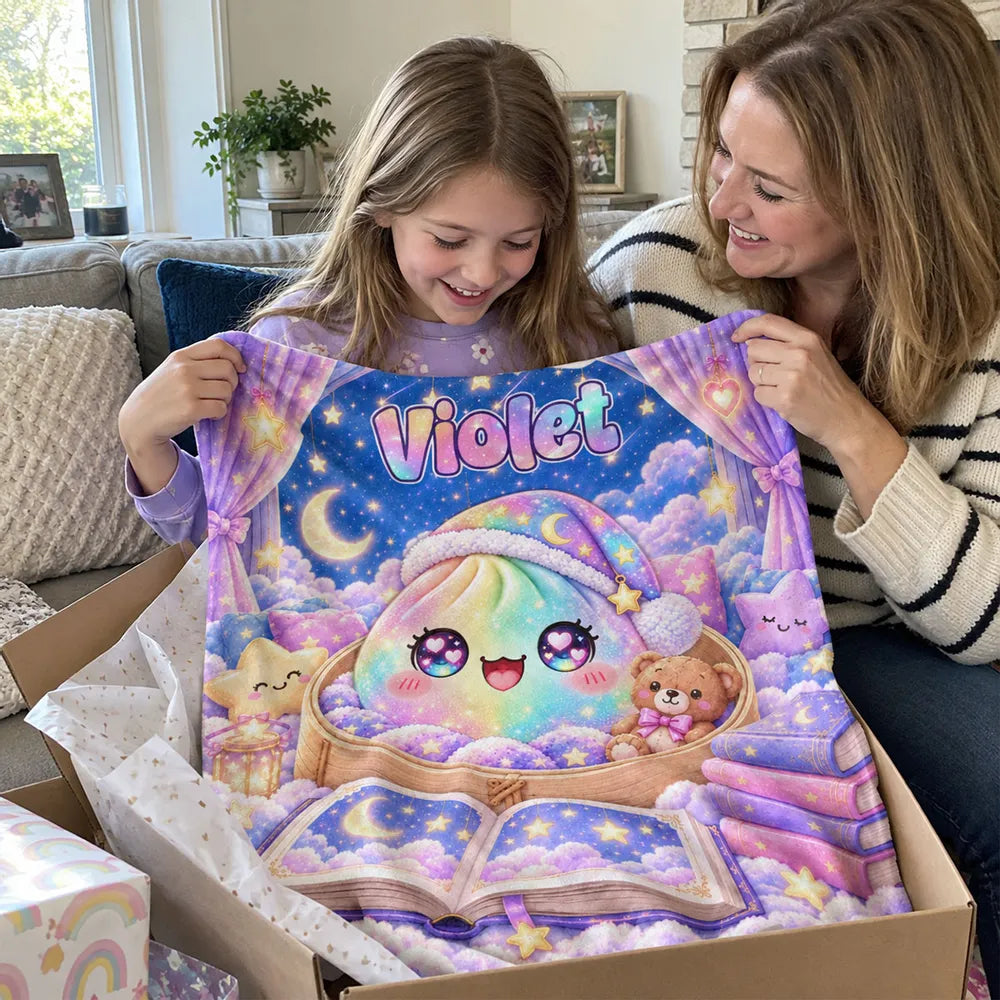 Personalized Dumpling Fleece Blanket, Pastel Moonlit Storybook Scene, Unique Gift for Kids
