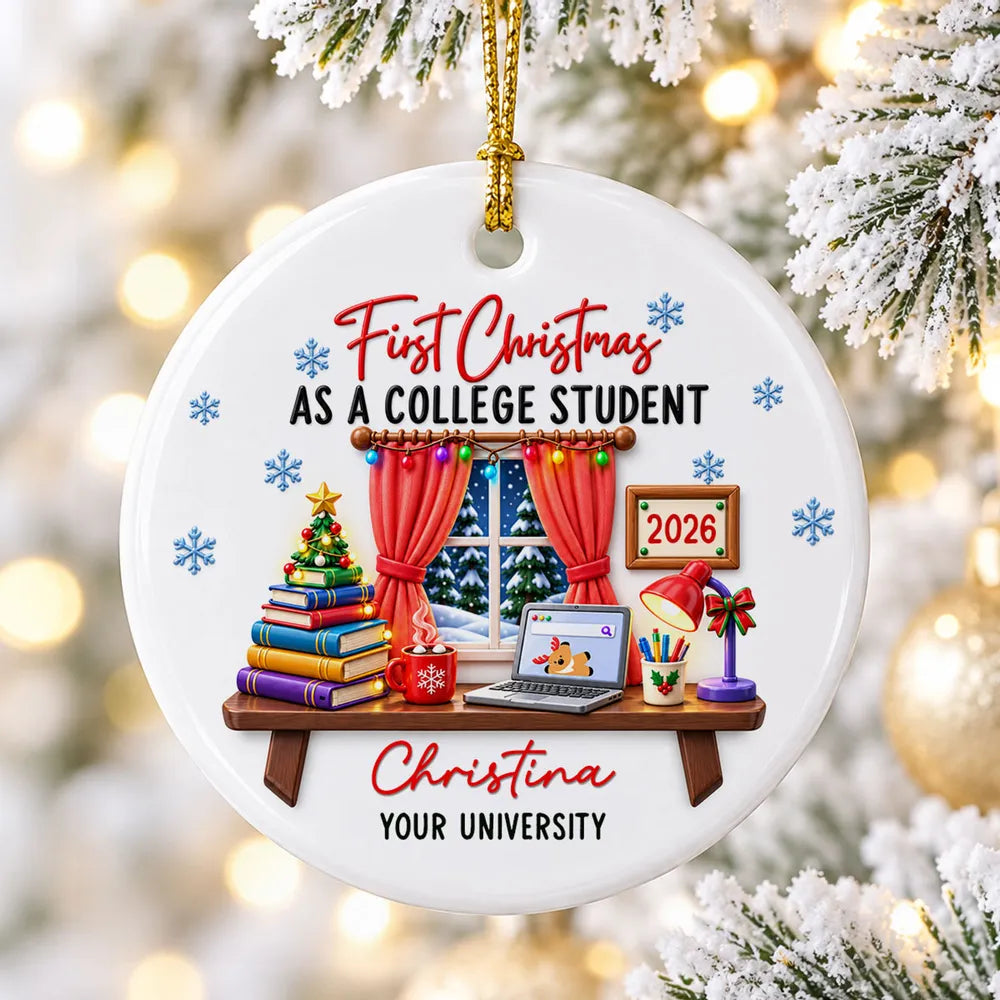 Personalized Ceramic Ornament, Colorful College Study Desk, Unique Christmas Gift for College Student