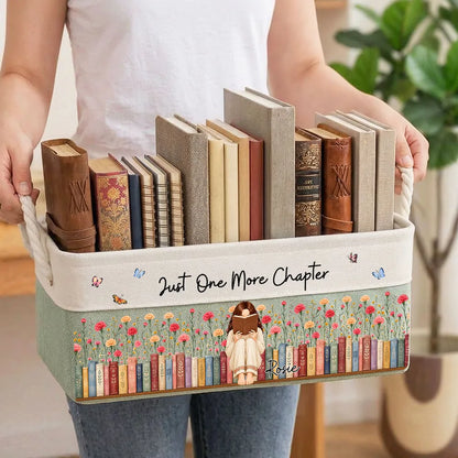 Personalized Cotton Linen Rope Basket, Girl Reading in a Flower Garden, Unique Gift for Book Lovers