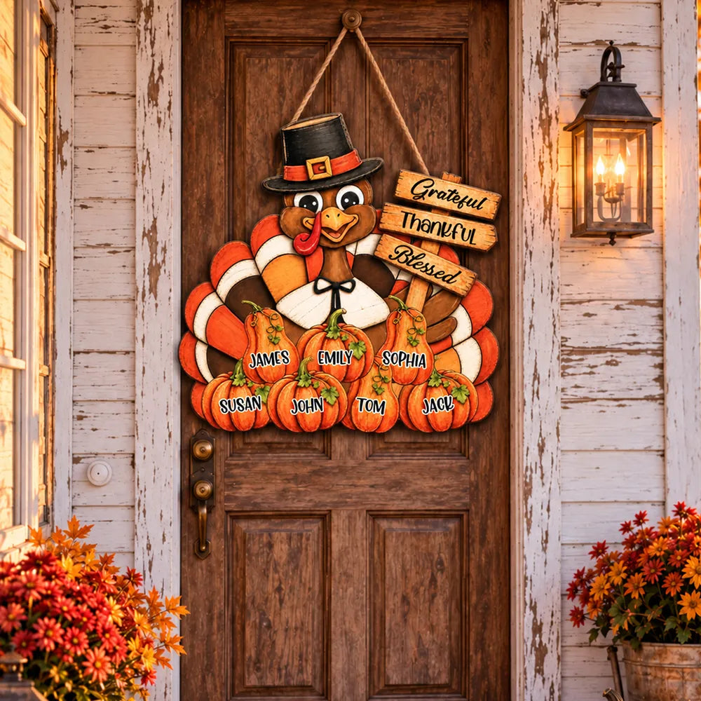 Personalized Wooden Sign with Pilgrim Turkey, Pumpkins and Grateful Thankful Blessed, Unique Rustic Gift for Family