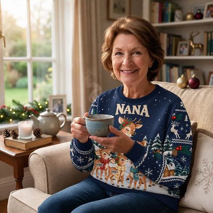 Personalized Printed Sweatshirt, Grandma Reindeer with Fawns in a Snowy Forest, Unique Christmas Gift for Grandma