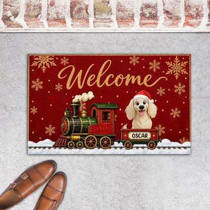 Personalized Standard Doormat with Christmas Dog Train, Red Snowflake Decor, Unique Gift for Dog Lovers