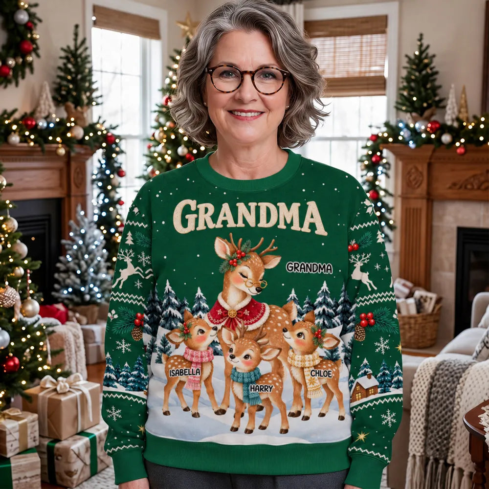 Personalized Printed Sweatshirt, Grandma Reindeer with Fawns in a Snowy Forest, Unique Christmas Gift for Grandma