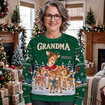 Personalized Printed Sweatshirt, Grandma Reindeer with Fawns in a Snowy Forest, Unique Christmas Gift for Grandma