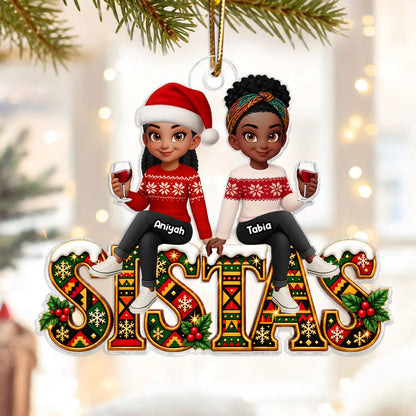 Personalized Acrylic Ornament, Sistas Holding Hands in Festive Sweaters, Unique Christmas Gift for Sisters