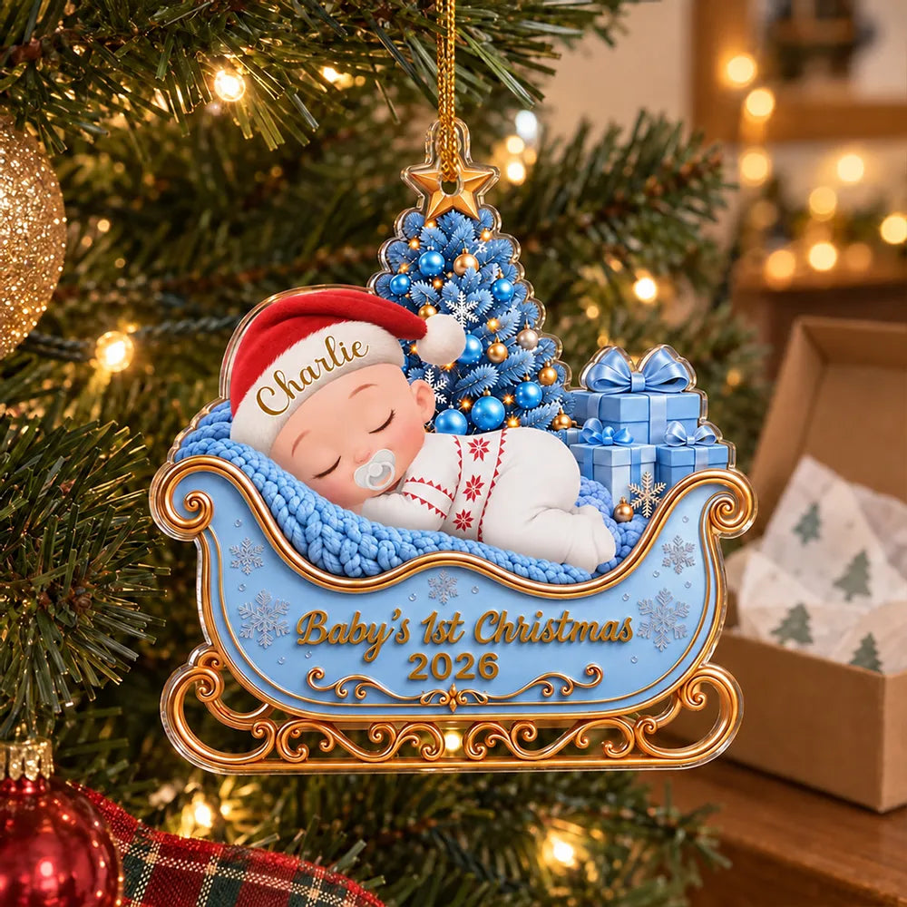 Personalized Baby's First Christmas Ornament, Sleeping Baby in Blue Sleigh, Unique Gift for New Parents