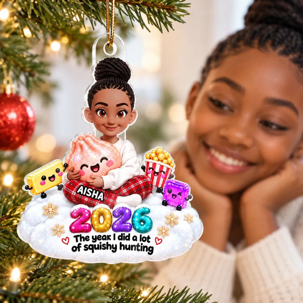 Personalized Acrylic Ornament, Cute Girl Hugging Squishy Toys in Snow, Unique Christmas Gift for Kids