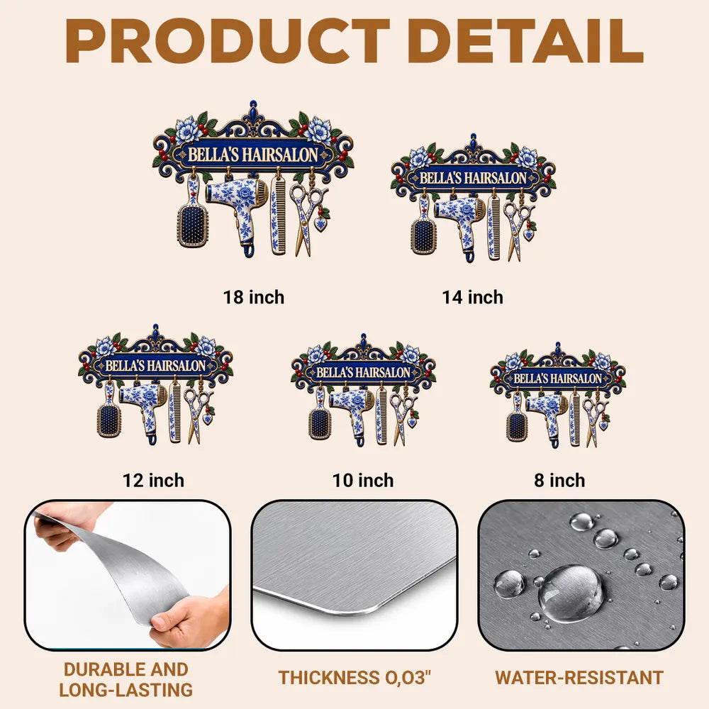 Personalized Shaped Metal Sign, Ornate Blue Floral Salon Tools Decor, Unique Gift for Hair Stylist