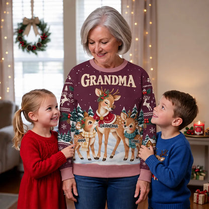 Personalized Printed Sweatshirt, Grandma Reindeer with Fawns in a Snowy Forest, Unique Christmas Gift for Grandma