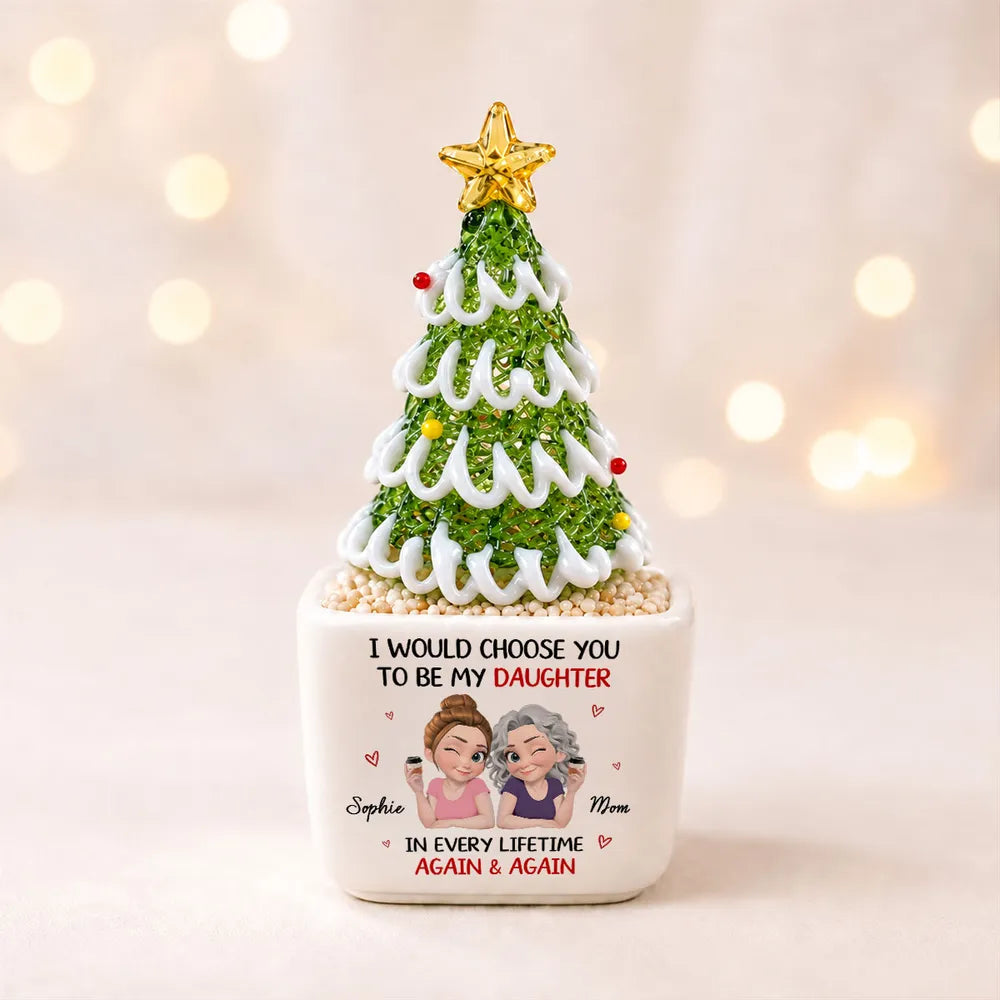 Personalized Square Glass Planter, Christmas Tree, Mother and Daughter Sharing Drinks, Unique Gift for Daughter