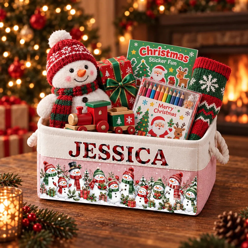 Personalized Rope Storage Basket with Snowman Family Art for Christmas, Unique Gift for Kids