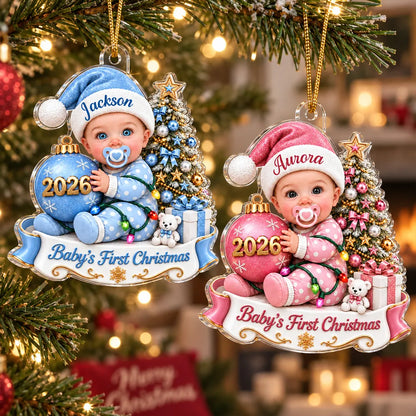 Personalized Acrylic Ornament, Seated Baby by a Christmas Tree, Unique First Christmas Gift for New Parents