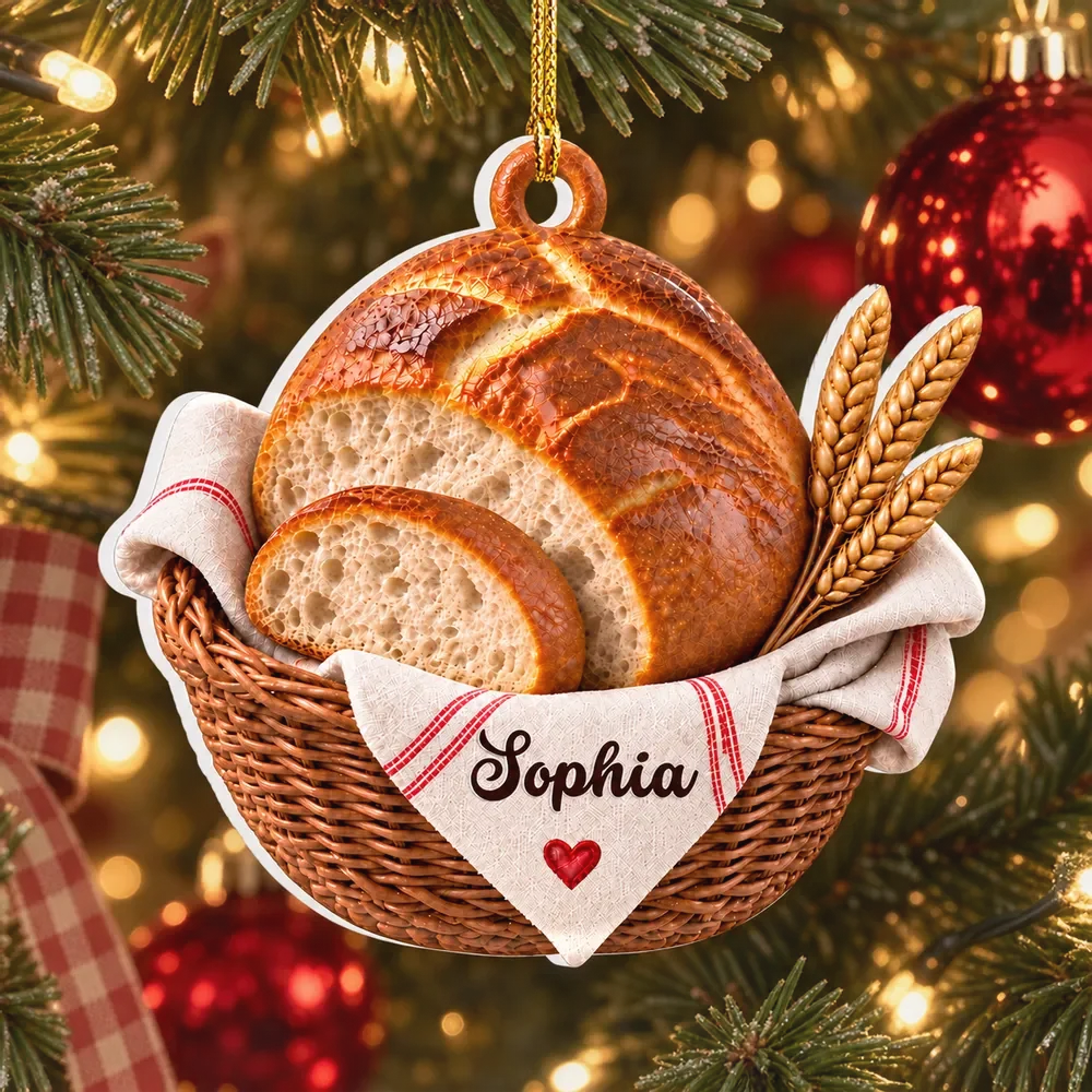 Personalized Acrylic Ornament, Sourdough Bread Basket & Wheat on a Christmas Tree, Unique Gift for Home Bakers