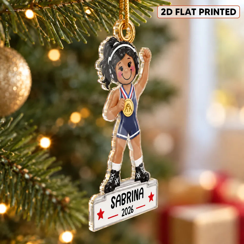 Personalized Acrylic Ornament, Red Cartoon Girl Wrestler Raising Her Fist, Unique Gift for Daughter