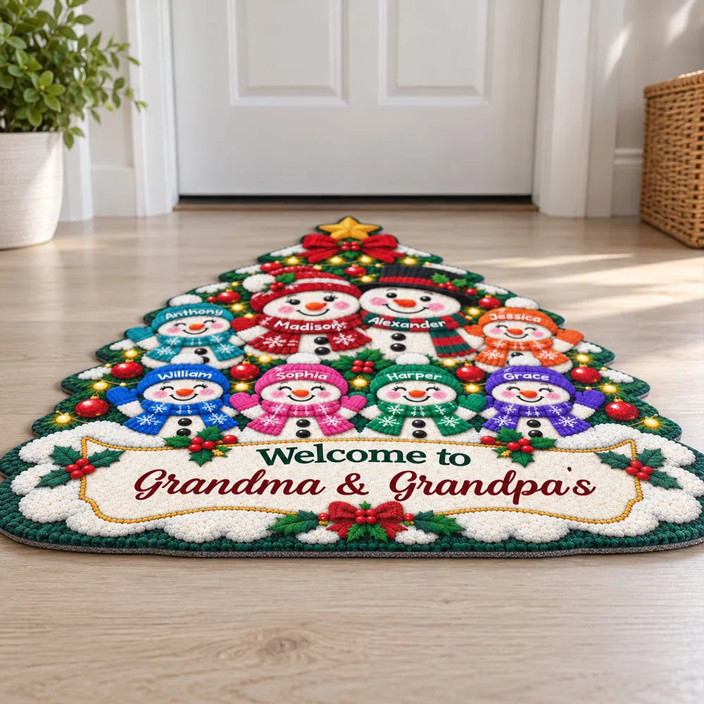 Personalized Shaped Doormat, Colorful Snowman Grandparents and Grandkids by a Christmas Tree, Unique Family Gift