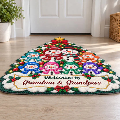 Personalized Shaped Doormat, Colorful Snowman Grandparents and Grandkids by a Christmas Tree, Unique Family Gift