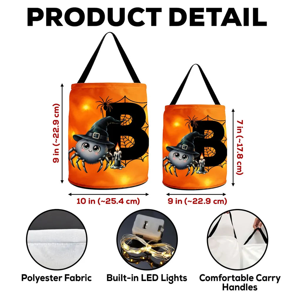 Personalized LED Light Up Fabric Basket, Cute Witch Spider and Web Halloween Design, Unique Gift for Kids