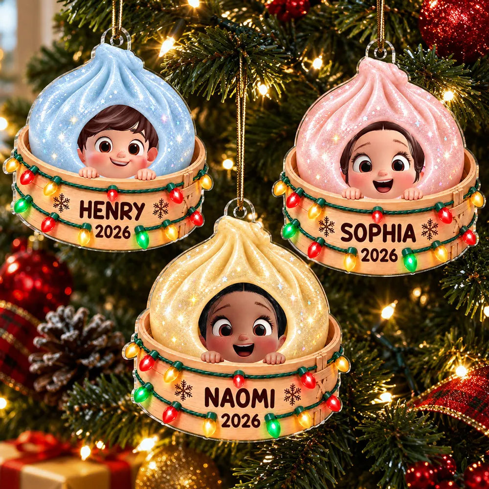 Personalized Acrylic Ornament, Smiling Child in a Dumpling Basket, Colorful Christmas Tree Decor, Unique Gift for Kids