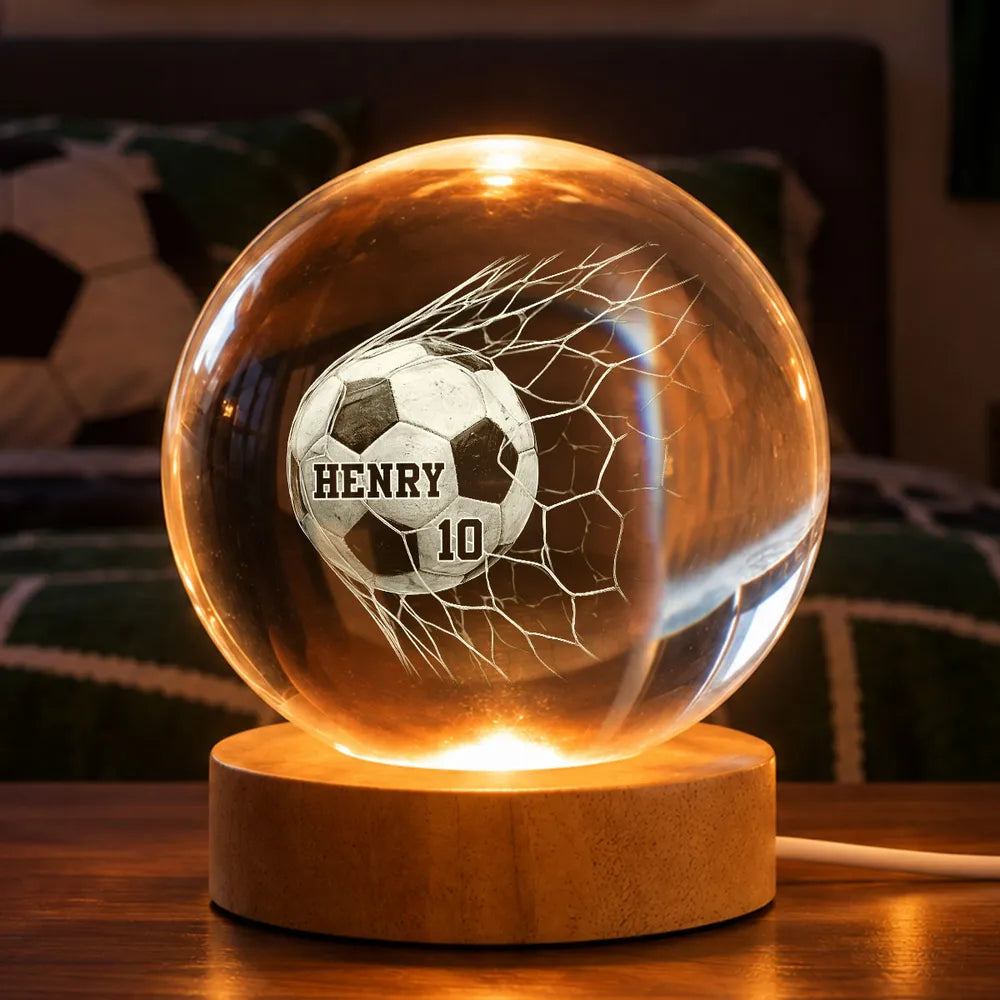 Personalized Globe Lamp, Soccer Ball Hitting the Net in Warm Amber Light, Unique Gift for Soccer Players