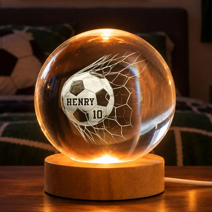 Personalized Globe Lamp, Soccer Ball Hitting the Net in Warm Amber Light, Unique Gift for Soccer Players