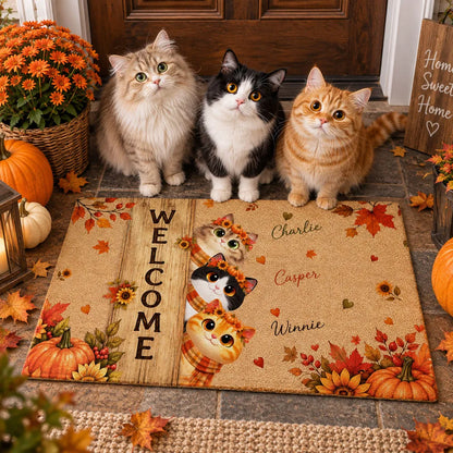 Personalized Fall Cat Standard Doormat, Peeking Cats Bring a Warm Autumn Welcome, Creative Gift for Pet Owners