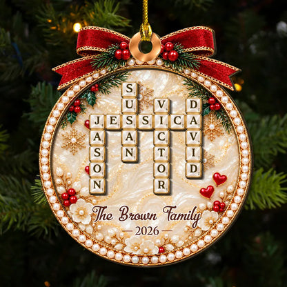 2-Layer Wooden Ornament, Personalized Family Word Search in Red & Gold, Unique Christmas Gift