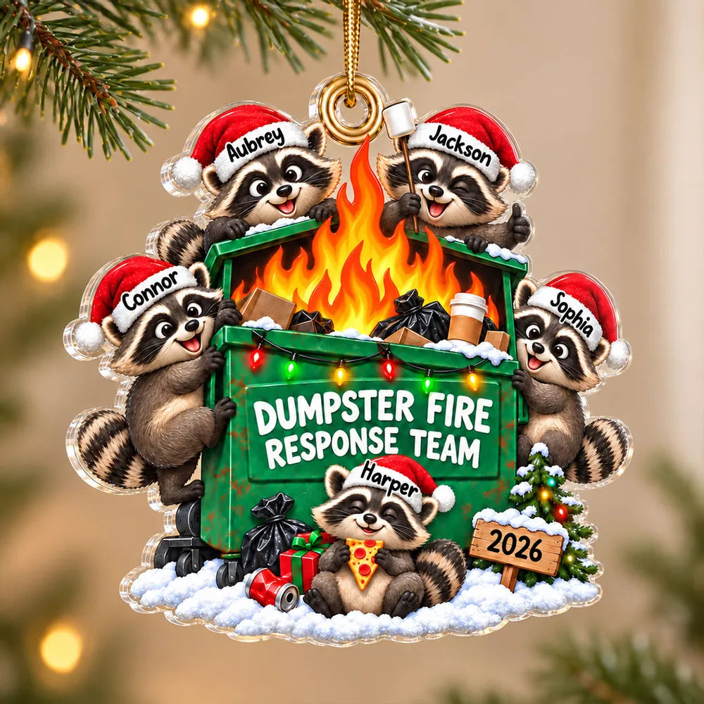 Personalized Acrylic Ornament, Funny Raccoons Around a Dumpster Fire, Snowy Christmas Decor, Unique Coworker Gift