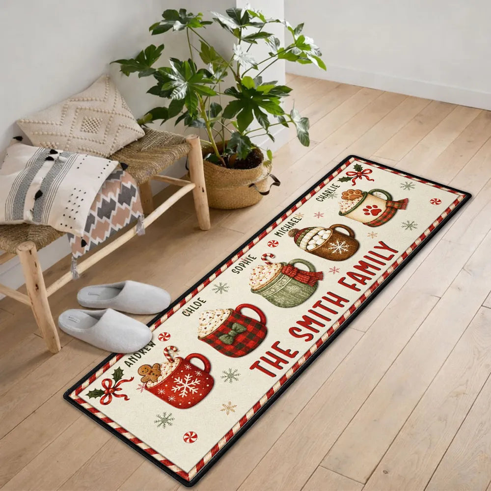 Personalized Standard Doormat with Red and Green Family Mugs, Unique Gift for Families and Pet Owners