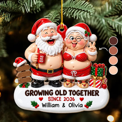 Personalized Acrylic Ornament, Laughing Older Couple in Santa Outfits by a Christmas Tree, Unique Gift for Couples