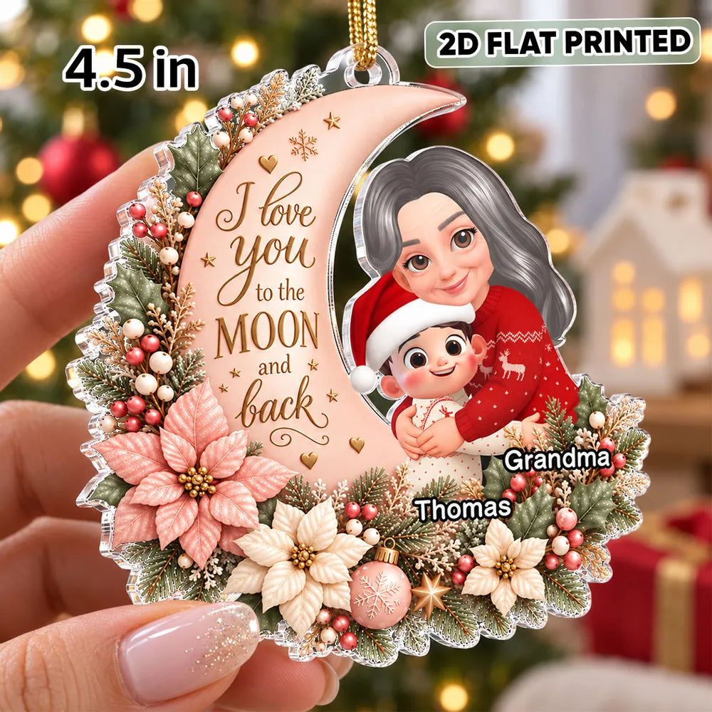 Personalized Acrylic Ornament, Hugging Grandma and Grandchild on a Soft Pink Moon, Unique Christmas Gift