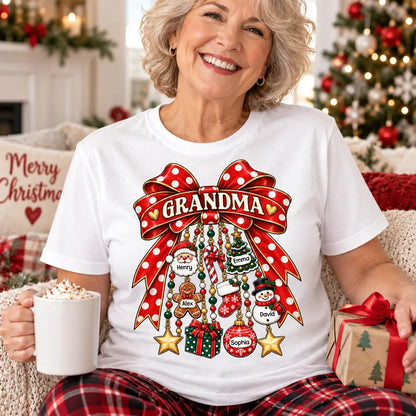 Personalized Grandma Classic Tee with Retro Christmas Bow, Unique Gift for Cozy Holiday Gatherings