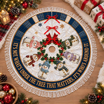 Personalized Plush Christmas Tree Skirt, Snowman Family Keepsake with Heartwarming Quote, Creative Gift for Families