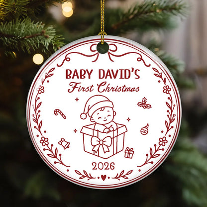 Personalized First Christmas Ceramic Ornament, Sleeping Baby in Stocking on Tree, Unique Gift for New Parents
