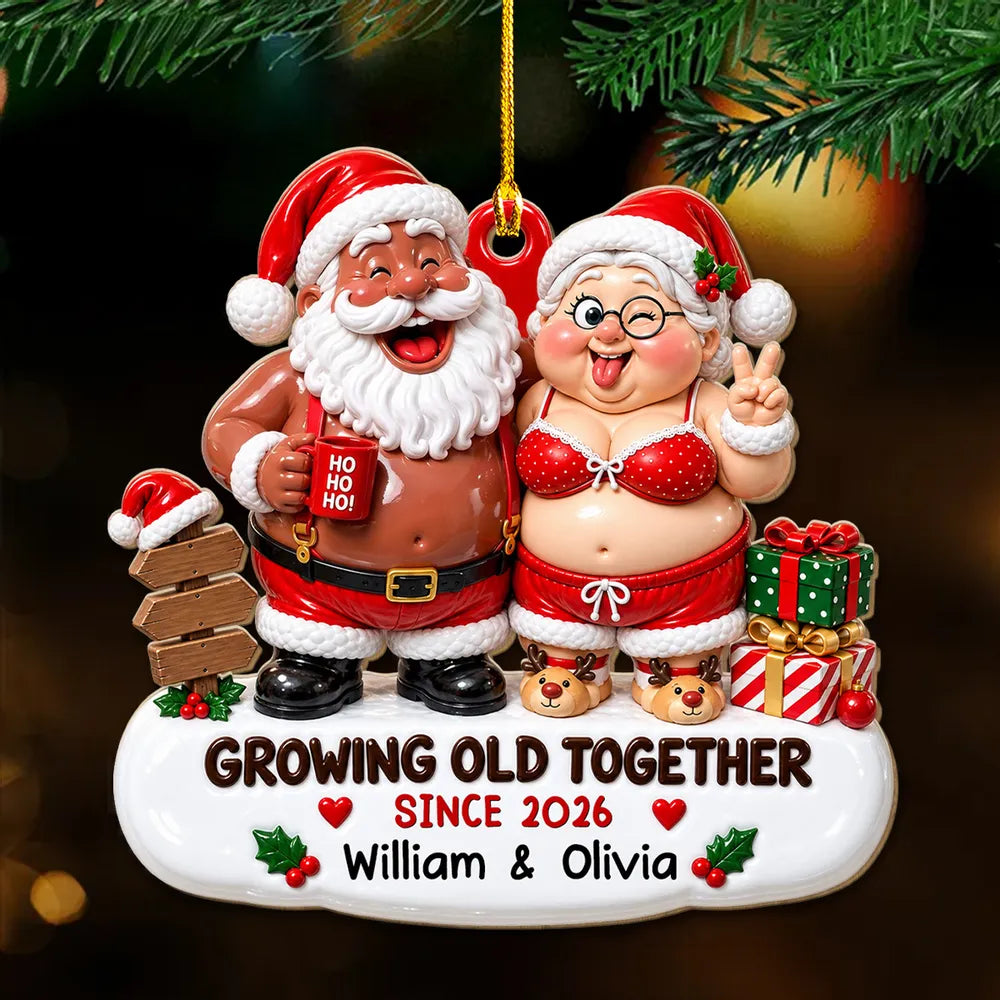 Personalized Acrylic Ornament, Laughing Older Couple in Santa Outfits by a Christmas Tree, Unique Gift for Couples