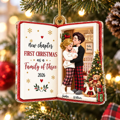 Personalized Acrylic Ornament, New Parents Embracing Baby by Christmas Tree, Unique Keepsake Gift